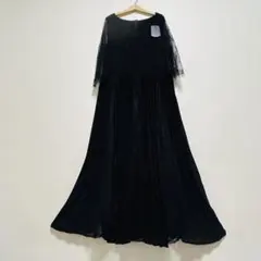 ドレスプラス　ブラックレース5分袖ドレス　プリーツフレアワンピース　XXL