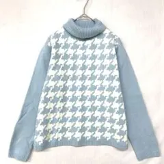 ラブメッセージ　タートルネック　水色　白　ハウンドトゥース柄　ニットセーター　Ｌ