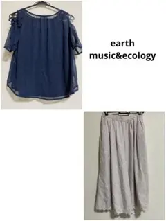 ネイビーオフショルダーシフォンブラウス　花柄ピンクガウチョパンツ　アンサンブル