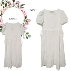 【LADIES】新品綿100%♡ロング半袖ワンピース袖パフスリーブ【S】 模様白