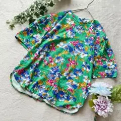 レトロデザインTシャツ カットソー 総柄 半袖 花柄 グリーン 緑 綿 ふるじょ
