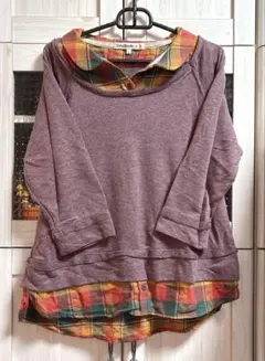 7部丈　セーター　ニット　トップス　重ね着風　チェック　ブラウン　シャツ　茶色