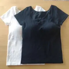 ユニクロリブスクエアネックブラT半袖　ホワイト ブラック XL