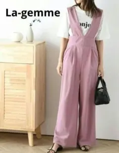 【ラジエム】サロペットワイドパンツ　深Vワイドショルダー　ラベンダーピンク　M