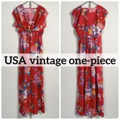 80s USAヴィンテージ シルキー アンサンブルワンピース アロハ 花柄