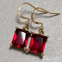 14kgf ルビーカラー グラスストーン ピアス アンティーク 枠留め