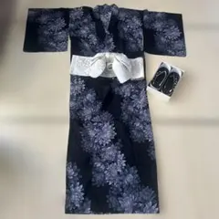 黒紫花柄 浴衣・帯・下駄セット