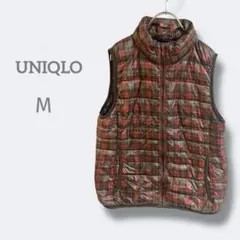2701ユニクロ【M】ダウンベスト チェック柄　キルティングベスト　ジップ付き