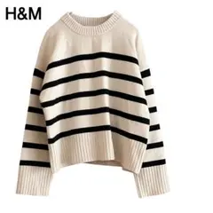 H&M エイチアンドエム　ボーダーニットセーター　ベージュ　ウールブレンド　L