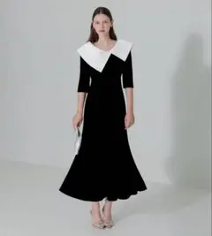 【LEJA】配色アシンメトリービッグカラーベロアマーメイドシルエットドレス