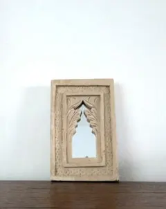 【　インド　ヴィンテージ　ミラー　】鏡　アンティーク　レリーフ　木製　壁掛　木彫