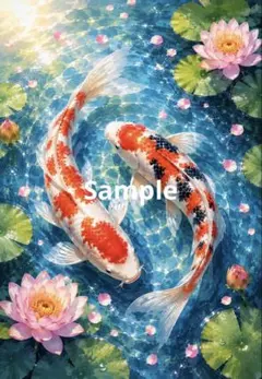 錦鯉 蓮の花 デジタルアート イラスト ポストカード