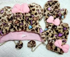 【美品】ディズニー ミニー ヒョウ柄 ファンキャップ ミトン セット