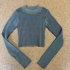 リブニット ハイネック 長袖 ブルー