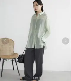 シアーシャツ　薄緑色 長袖シャツ レディース