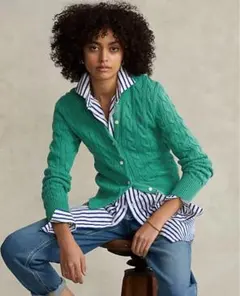 希少 ラルフローレン 太ケーブルニット コットンカーディガン グリーン Mサイズ