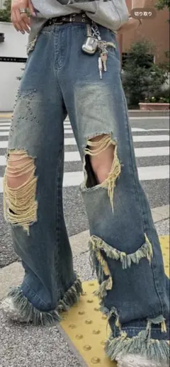 ダメージ加工フリンジデニムパンツ