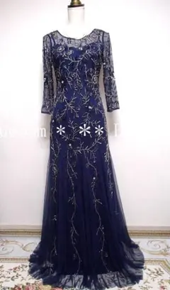 新品☆アドリアナパペル☆スパンコール刺繍レースドレス紺ネイビー演奏会ウェディング