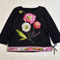 極美品　レオナール　トリム　薄手ニット　けしの花　大花　柄七分袖　黒　リボンのサムネイル