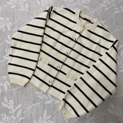 RANANラナン　ボーダー柄カーディガン　羽織　Ｍ　オフホワイト×黒　金ボタン