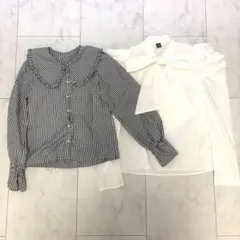 パフスリーブボウタイブラウス　ギンガムチェックブラウス　2着セット