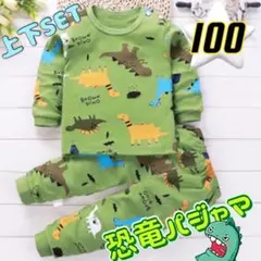 キッズ恐竜パジャマ100cm 男の子 動物 フリース 上下セット秋冬 緑 長袖