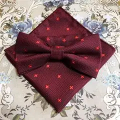 蝶ネクタイ　ポケットチーフ2点セット/小花ワインレッド K