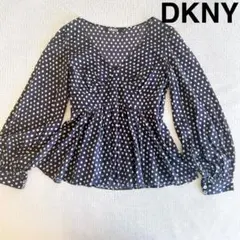 DKNY ネイビー ドット柄 ペプラム ブラウス シルク　サイズ2のサムネイル