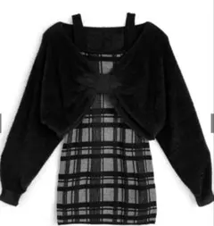 【24時間以内発送】リボンシャギートップス✕チェック柄キャミソールミニワンピース