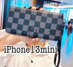 iPhone13mini チェック柄手帳型ケース　ブラック　黒