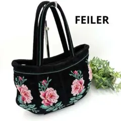 【美品】フェイラー ミニトートバッグ ハンドバッグ シュニール織り 花柄 黒