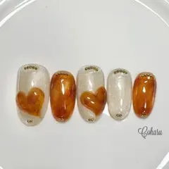 ネイルチップ　ハートネイル　ホワイト×ブラウン　マグネット　サイズオーダー