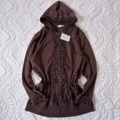 姫系 森ガール フリル 重ねレースジップアップパーカー ブラウン