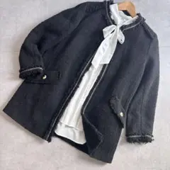 ZARA BASIC ツイード　ノーカラー　ジャケット　ブラック　金ボタン　M