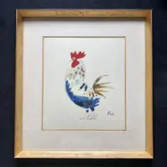 藤島奨「鶏」洋画家 日展理事　額縁約41×38cm色紙27×24cm ￼油彩画のサムネイル