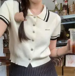 半袖ポロシャツ クリーム色 ストライプ　レディース