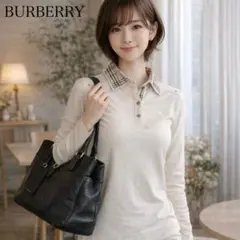 良品 BURBERRY ノバチェック ホースロゴ 長袖ポロシャツ ベージュ系