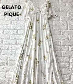 ジェラートピケ ワンピース ロング 花柄 カップ付き フレア フリー