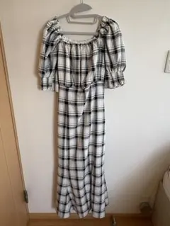 NICE CLAUP 半袖ワンピース　ロングワンピース　チェック柄オフショルダー