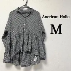 美品　アメリカンホリック 長袖シャツ ギンガムチェック トップス フレア 黒