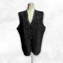 【本革】パッチワーク レザーベスト 豚革 スエード