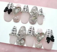 ネイル チップ ツイード 黒 量産型 フレンチガーリー ワンホン 現品