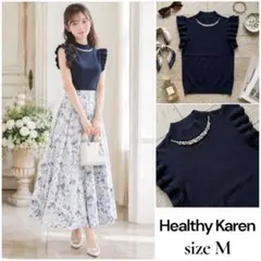 【美品】 Healthy Karen ビジュー付きリブニットトップス 紺色 春夏のサムネイル