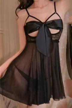 未使用ベビードール セクシー ランジェリーブラックリボンレース スリップ【S】