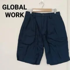 グローバルワーク リネンブレンド ハーフパンツ ネイビー S 涼感 綿麻