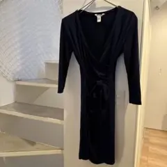 ネイビー ラップスタイル 長袖ワンピース