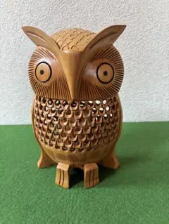 【木製透かし彫】フクロウ？ミミズク？　置物