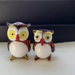 フクロウ　ガラス細工　親子　ミミズク　琥珀色　飴色　ガラス