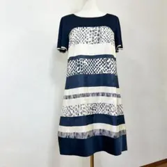 D437 日本製 TO BE CHIC ワンピース 44 半袖 2XL ボーダーのサムネイル