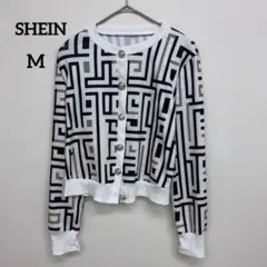 SHEIN 幾何学柄 カーディガン 金ボタン 레트로 モノトーンM